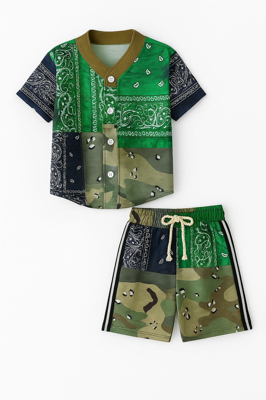 Kids Camo Patchwork Bandana Shirt & Shorts Set