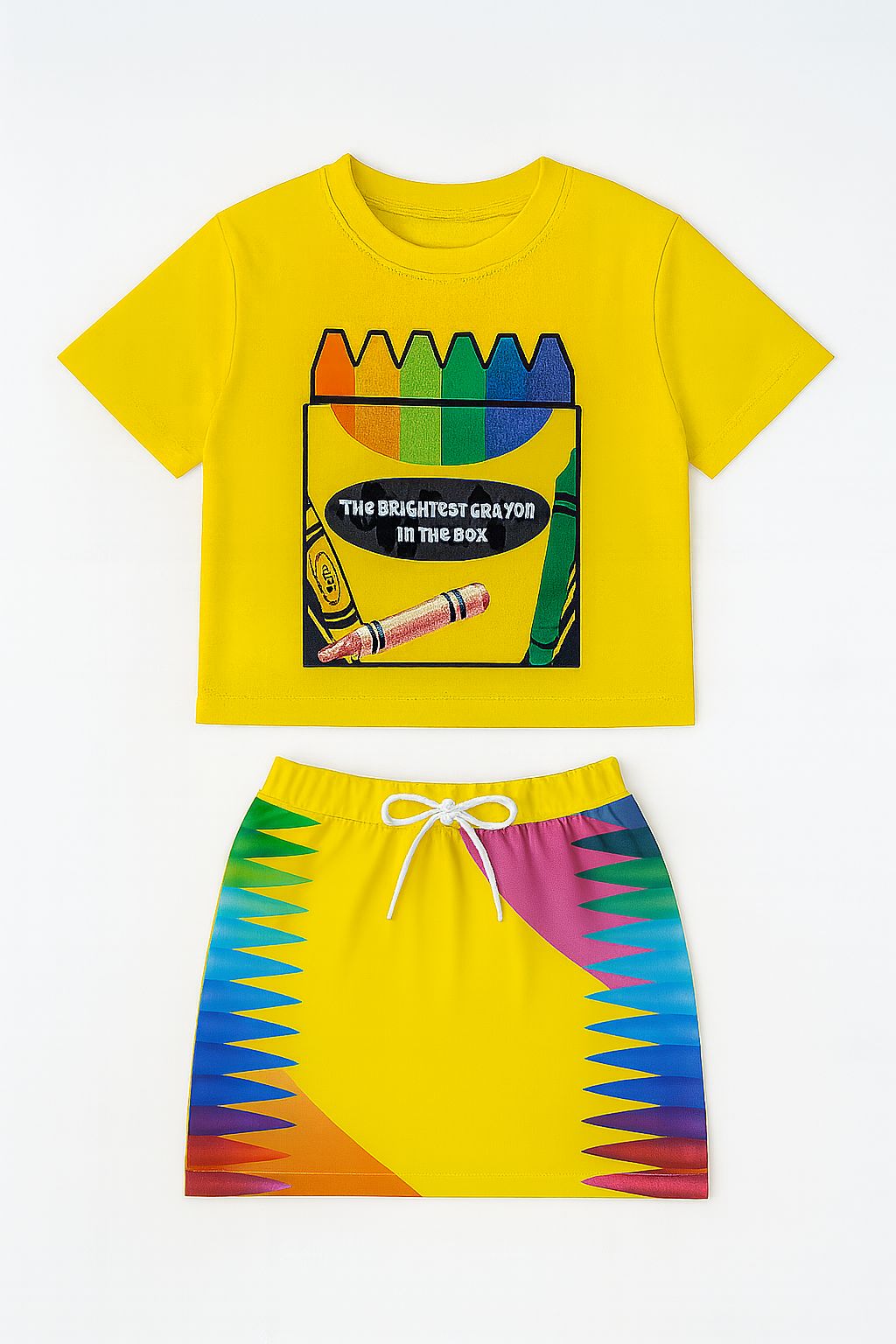 Kids Bright Crayon Graphic Set – Yellow Tee & Rainbow Skirt