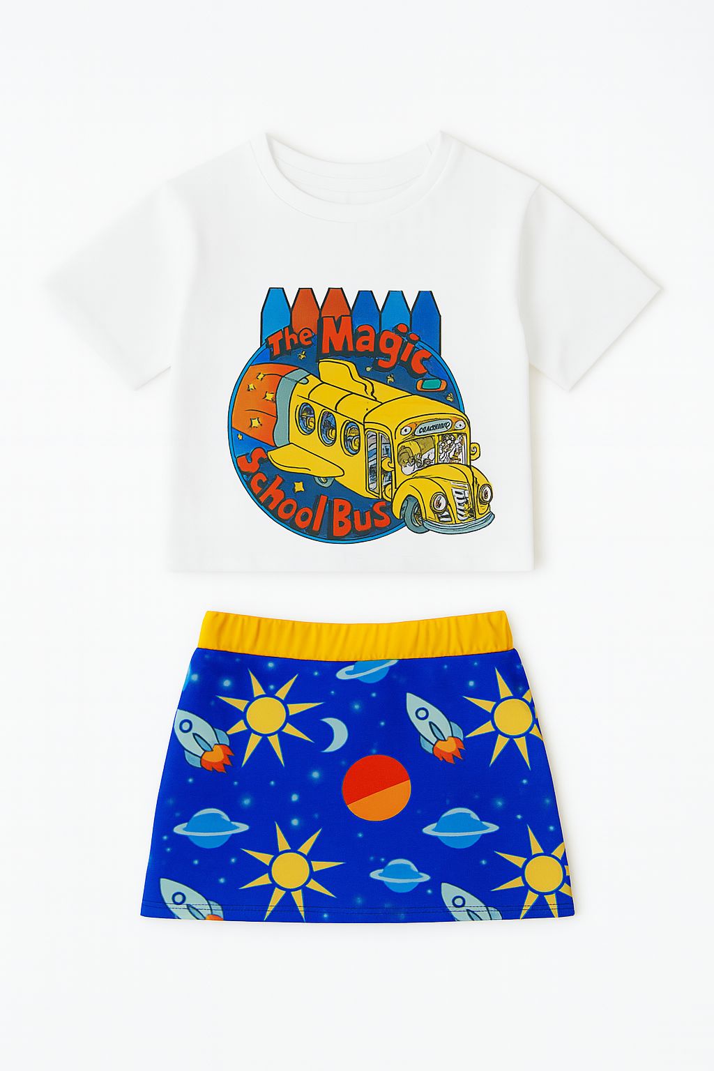 Kids Magic School Bus Set – Space Print Skirt & Graphic Tee