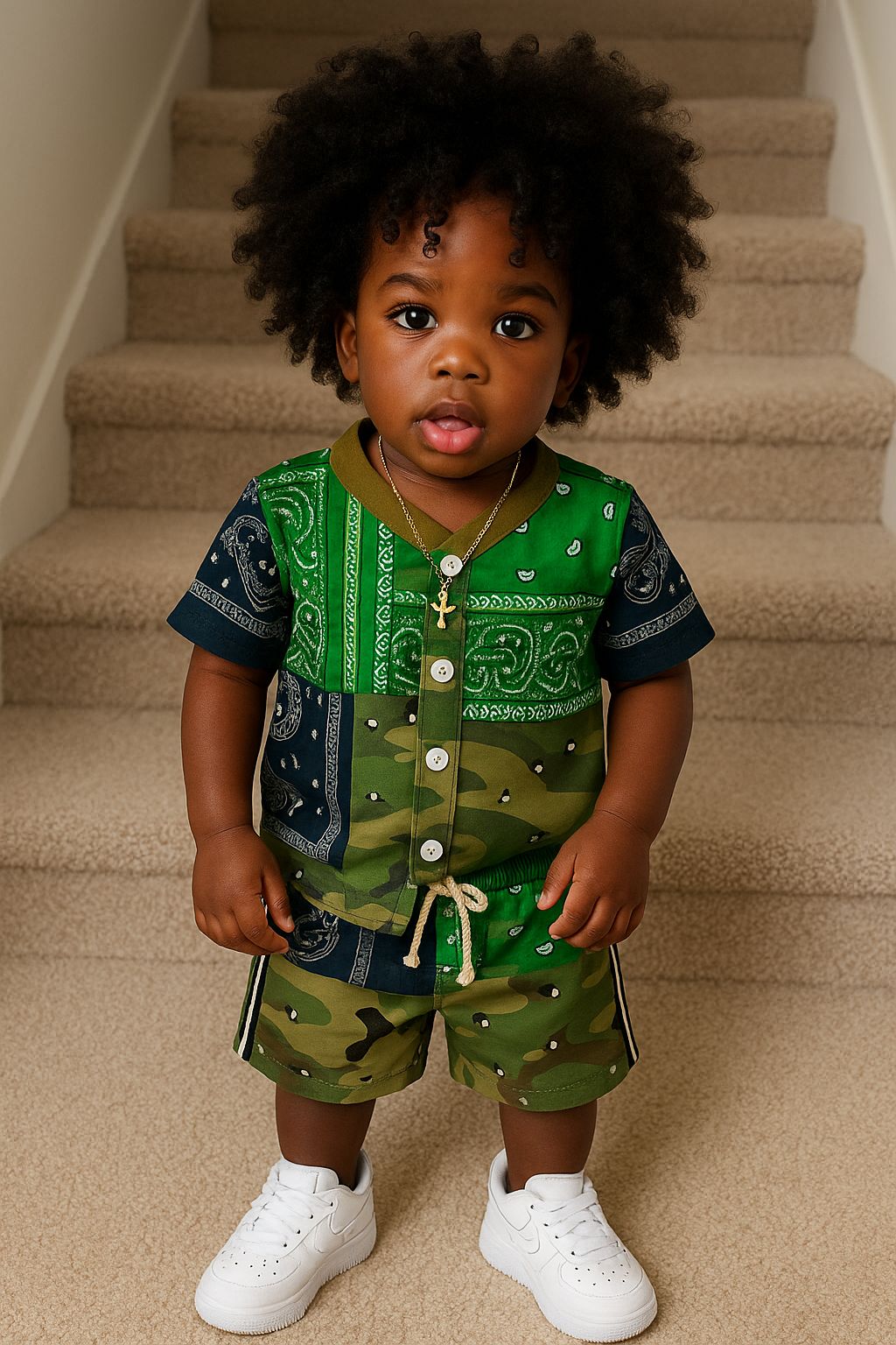 Kids Camo Patchwork Bandana Shirt & Shorts Set