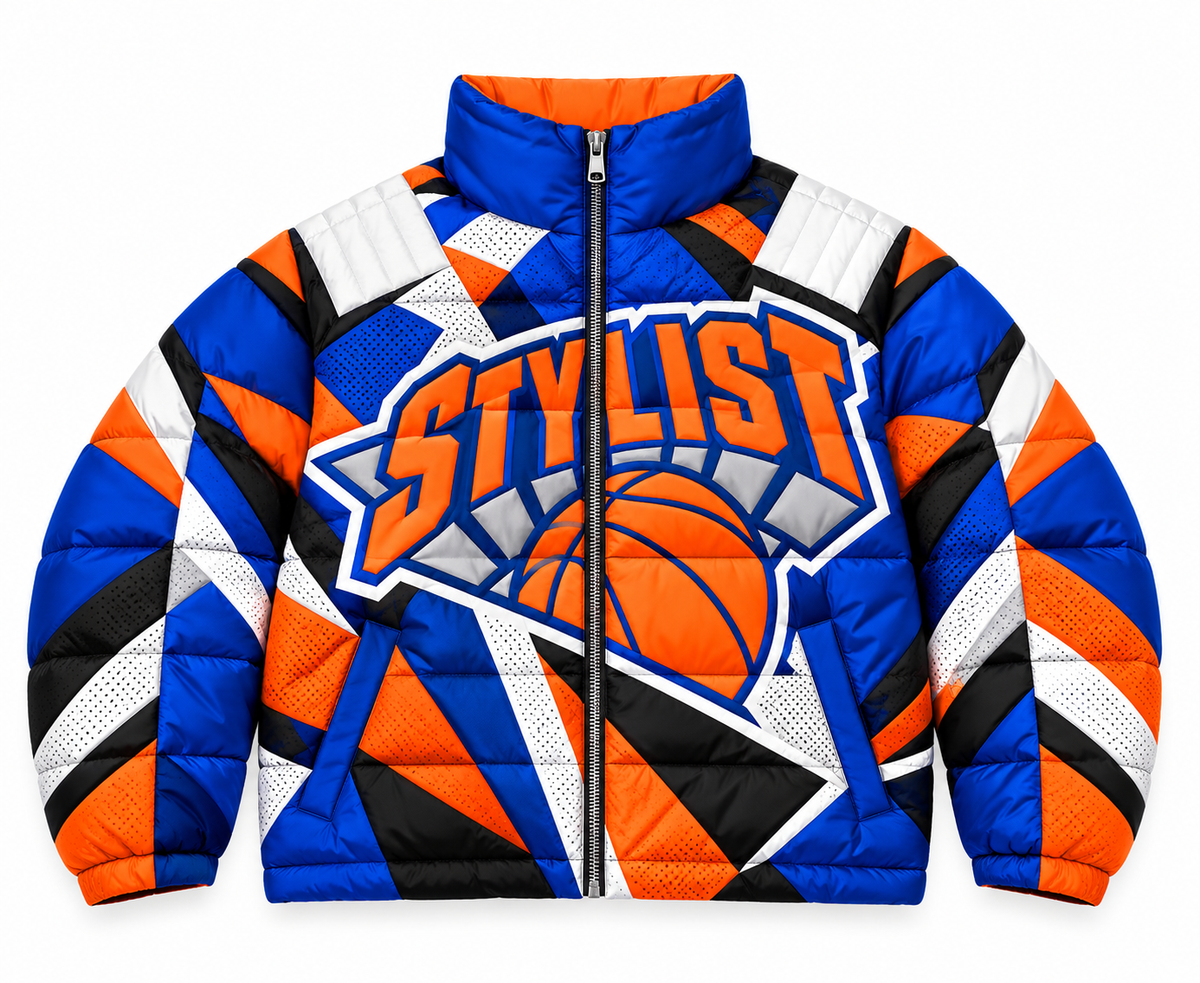 STYLIST Basketball Puffer Jacket front flat lay
