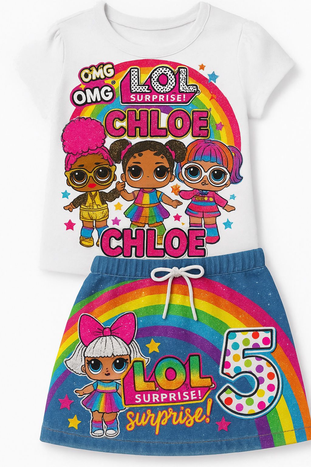 Kids LOL Surprise Birthday Outfit – Rainbow Skirt & “Chloe” Tee