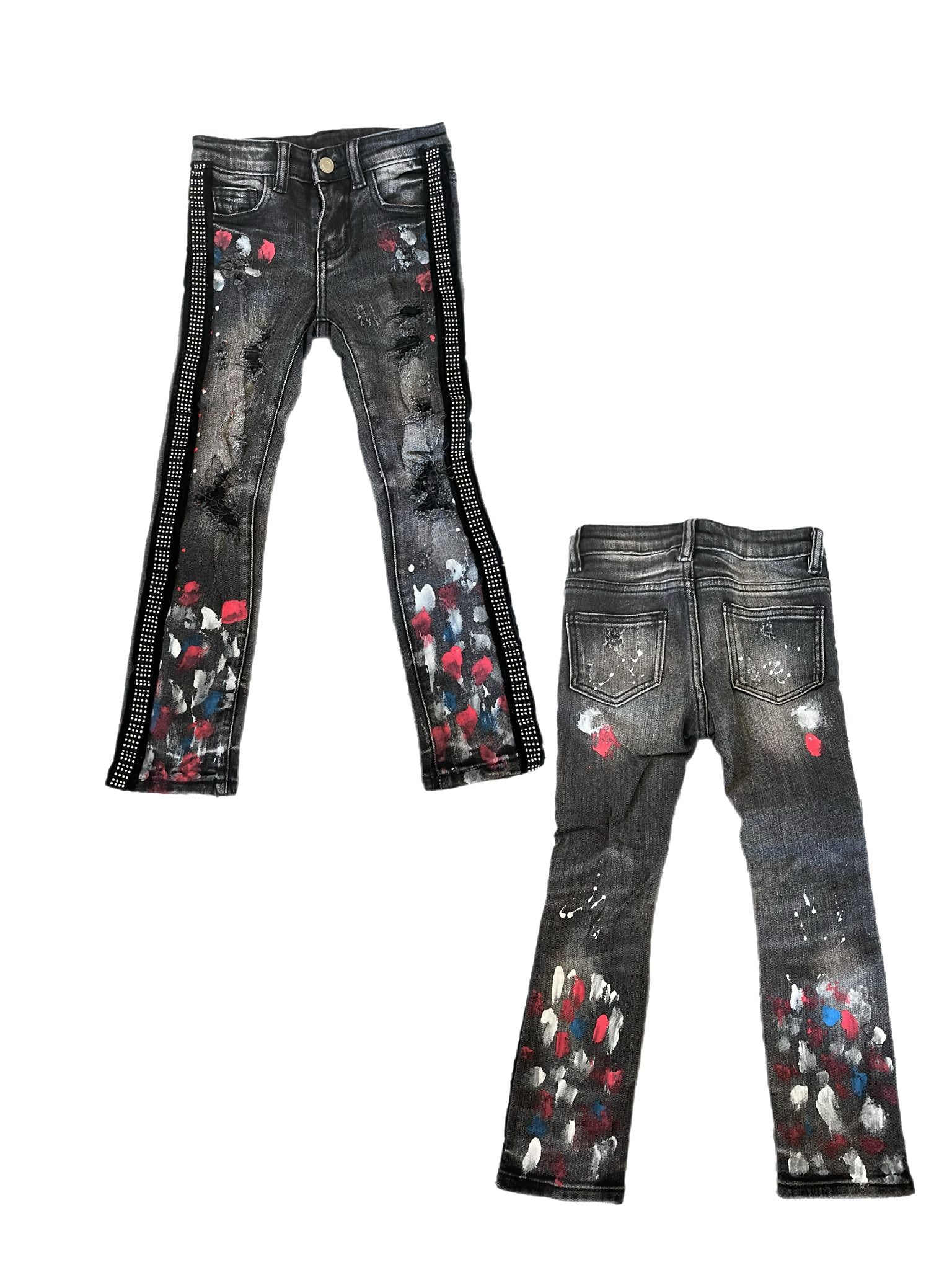 Kids Black R/W/B Paint Rinestone Jeans