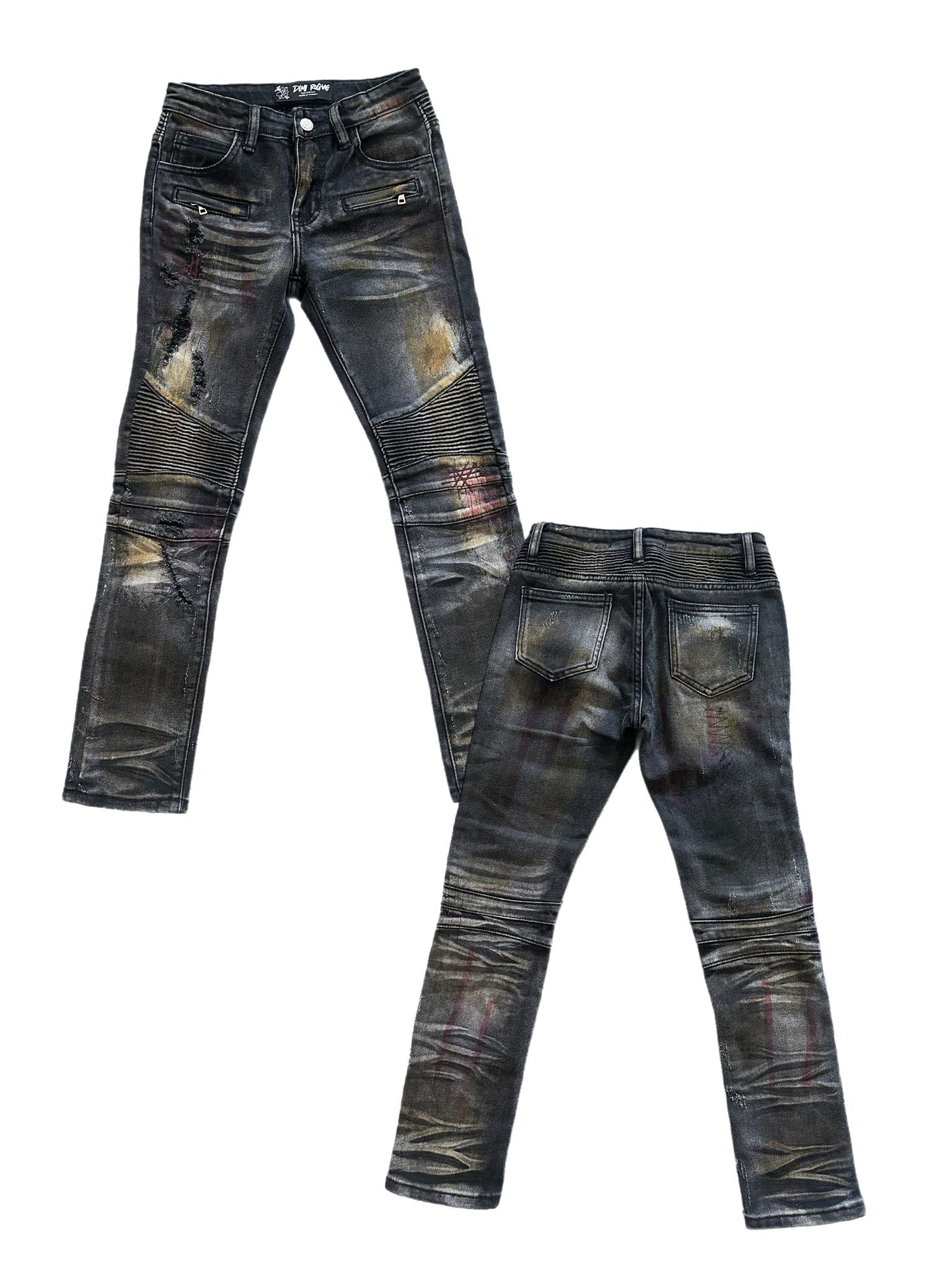 Kids Black Pink Marked Biker Denim Jeans