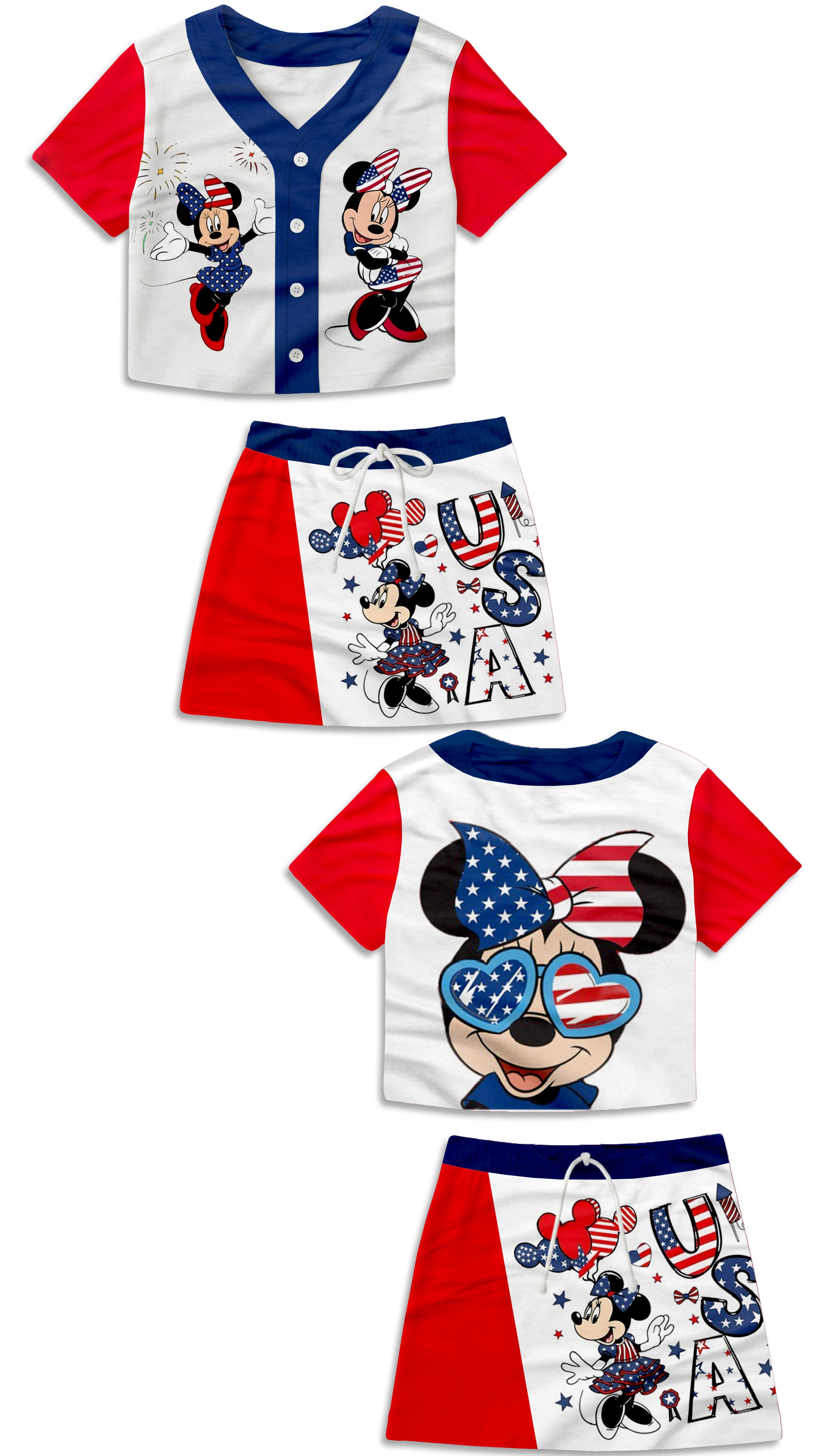 Girls 4th Of July Minnie Mouse Baseball Jersey And Skirt Set