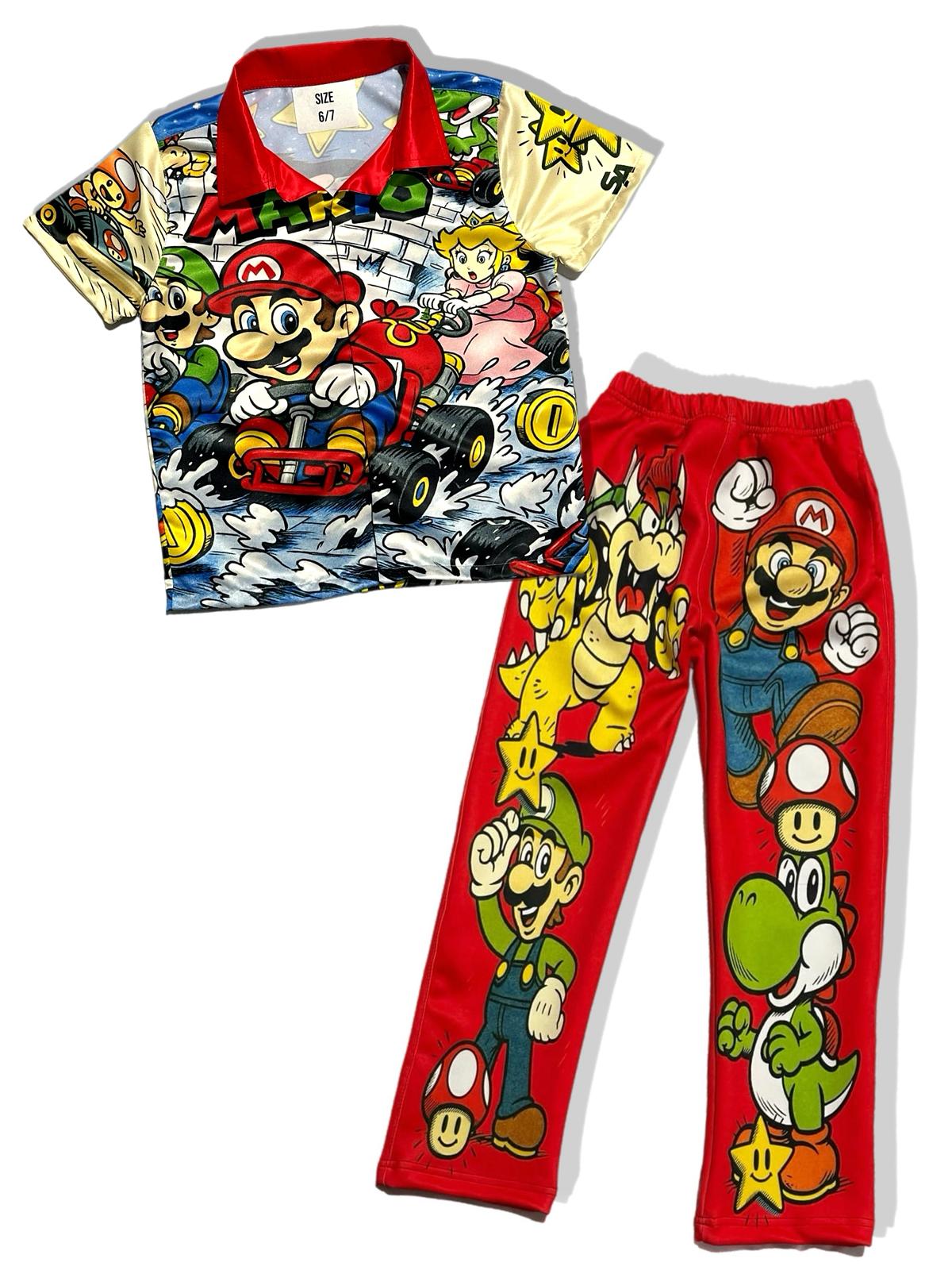 Kids Mario Kart Set – Red Shirt & Pants with Game Character Print
