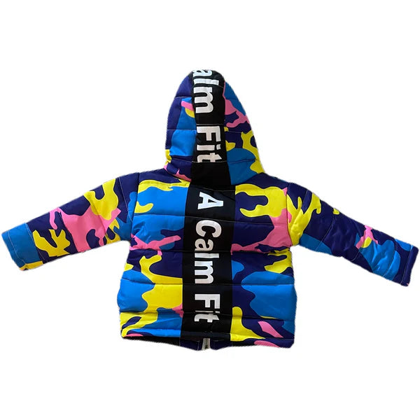 Kids Calm Fit Puffer yellow pink blue camo