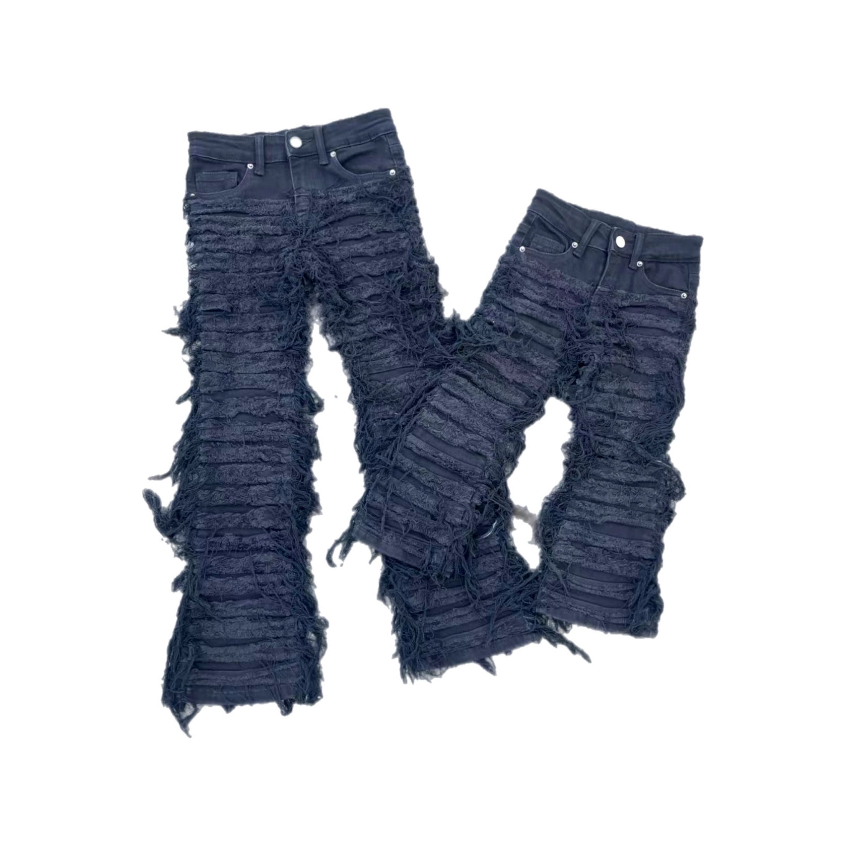 Kids black shreeded stack Denim