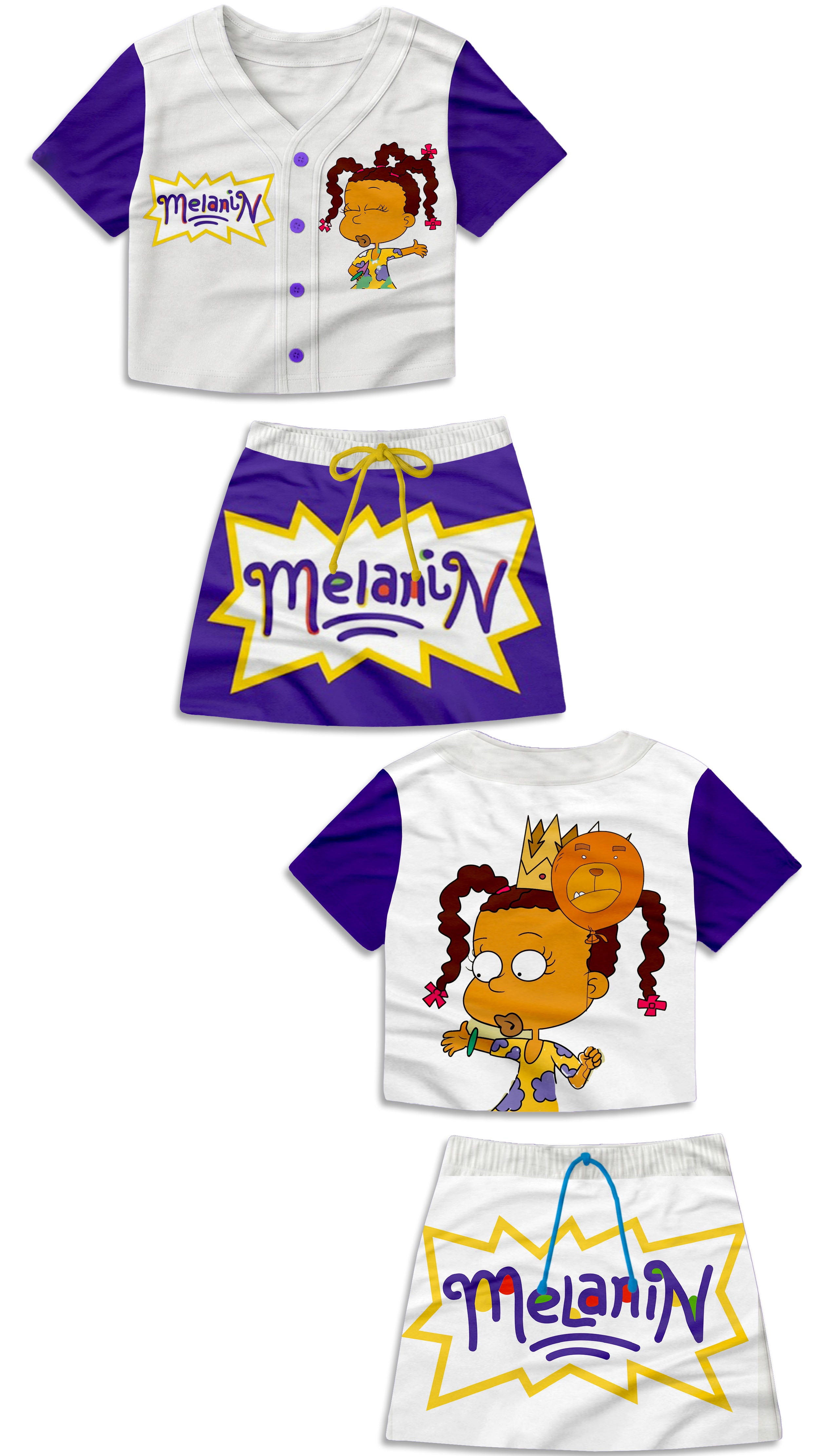 Girls Melanin Rugrats Baseball Jersey And Skirt Set