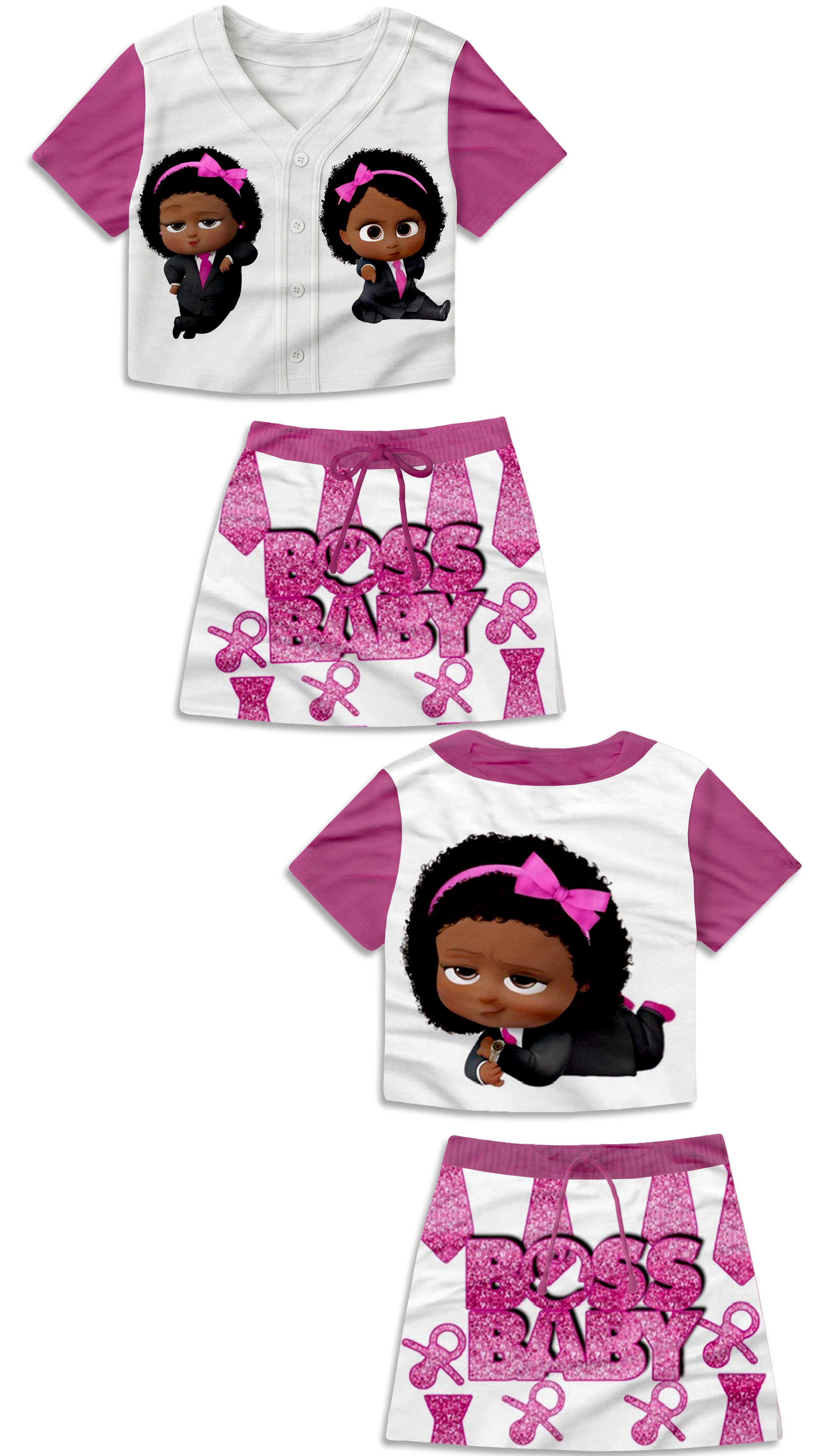 Girls Melanin  Boss Baby Baseball Jersey And Skirt Set
